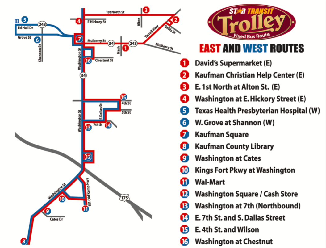 Route map for Kaufman Trolley (East)
